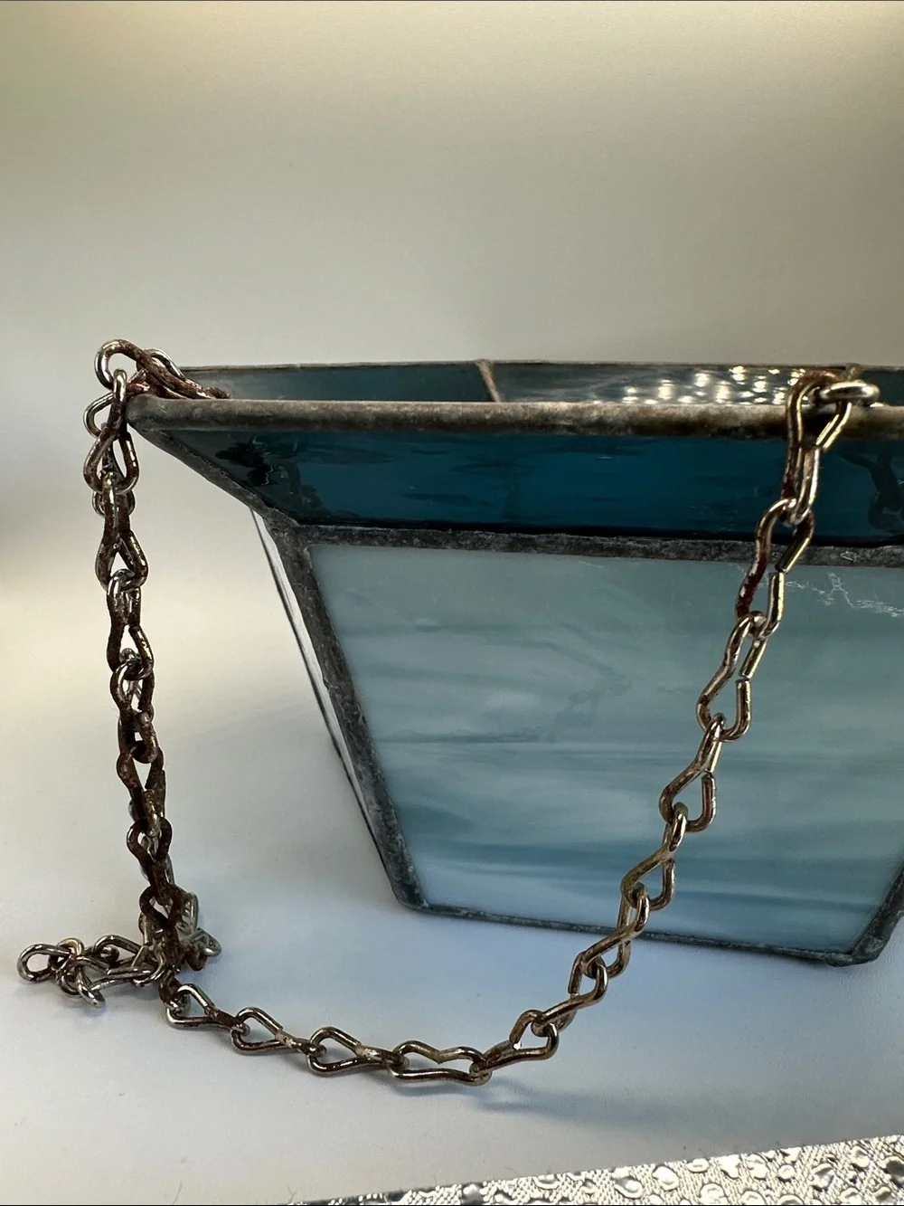Stained Glass Hanging Planter - Light Blue Hexagon